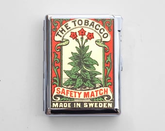 Vintage Compact Cigarette Case with Built-In Lighter – Chrome Metal, Epoxy Design on Back, Fits Up to 50mm Mini/Short Cigarettes