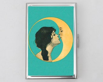 Moon Kiss Cigarette Case OR Card Holder -  Romantic, For Her, Victorian, Kissing Moon, Cigarette Case, Business Card, ID Case, Birthday Gift