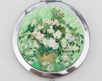 Still Life with Pink Roses Van Gogh Compact Mirror - Impressionist, Flowers, Small Mirror, Pocket Mirror, Make Up Pocket Mirror for Cosmetic