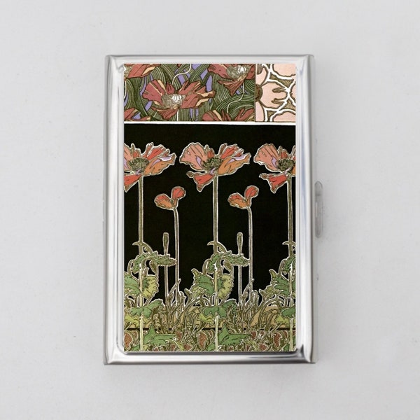 Étui à cigarettes ou porte-cartes Art nouveau - motif floral, fleurs, William Morris, coquelicots, étui à cigarettes, carte de visite, porte-pièce d'identité