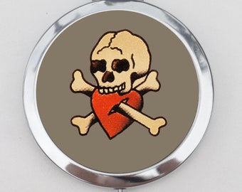 Skull and Cross Bones Compact Mirror OR Pill Box - Romance, For Him, Traditional, Traditional Tattoos, Small Mirror, Stash, Pill Holder