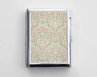 Vintage Compact Cigarette Case with Built-In Lighter – Chrome Metal, Epoxy Design on Back, Fits Up to 50mm Mini/Short Cigarettes