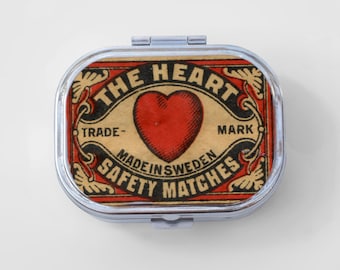 Matchbox Happy Rectangle Pill Box - Vintage Print, Art Print, Jewelry Case, Travel Size, Pill Case, Pill Container, Cute Pill Organizer