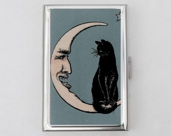 Cat Moon Cigarette Case OR Card Holder - Money Wallet, Small Metal Wallet, Pocket Wallet, Pill Box, Small Case, Money Wallet, Slim Wallet