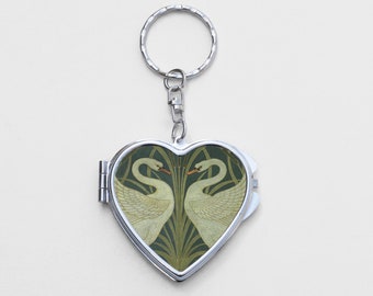 Swan Heart Shaped Mirror KeyChain - William Morris, Art Nouveau, Flower Design, Floral Birthday Gift, Small Keychain, Mirror Accessory