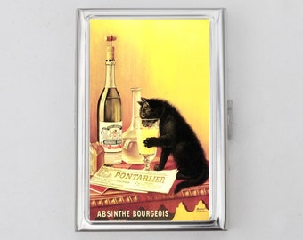 Absinthe Bourgeois Cigarette Case OR Card Holder - Vintage Poster, Art Nouveau, Black Cat, Poster, Gift, Travel Size Wallet, Metal Wallet