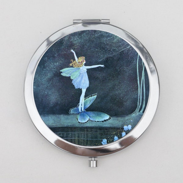 Fairy Riding Butterfly Compact Mirror OR Pill Case - Fairytale, Fantasy Art, Small Mirror, Pocket Mirror, Metal Pill Case, Trinket Box,