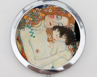 Mother and Child Gustav Klimt Compact Mirror OR Pill Box - Golden Period, Art Nouveau, Symbolist, Small Mirror, Pocket Mirror, Trinket Box