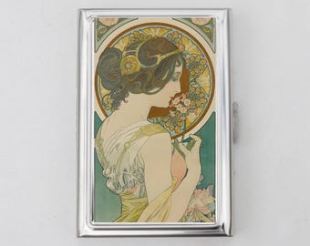 Mucha Cigarette Case OR Card Holder - Art Nouveau, Swans, Mucha, Romantic Art, For Her, Cigarette Case, Business Card, ID Holder, Primrose