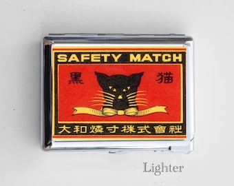 Matchbox Compact Cigarette Case with Built-In Lighter – Chrome Metal, Epoxy Design on Back, Fits Up to 50mm Mini/Short Cigarettes