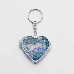 Water Lilies Heart Shaped Mirror KeyChain - Claude Monet, Impressionist, Floral Birthday Gift, Small Keychain, Mirror Accessory