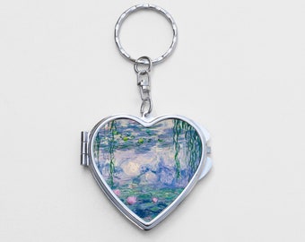 Water Lilies Heart Shaped Mirror KeyChain - Claude Monet, Impressionist, Floral Birthday Gift, Small Keychain, Mirror Accessory