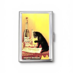 May include: A rectangular silver-toned metal case featuring a vintage-style illustration of a black cat drinking from a glass next to a bottle of Absinthe Bourgeois. The image includes a newspaper with the text PONTARLIER and the label ABSINTHE BOURGEOIS.