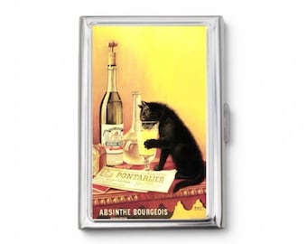 Absinthe Bourgeois Cigarette Case OR Card Holder - Vintage Poster, Art Nouveau, Black Cat, Poster, Gift, Travel Size Wallet, Metal Wallet