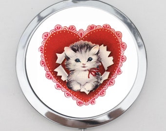 Heart Cat Compact Mirror OR Pill Box - Variety of Cats, Crazy Cat Lady, Cat Lover, Cat Humor, Cat Decor, Keepsake, Portable Mirror