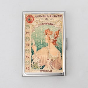 Alphonse Mucha Zigarettenetui ODER Kartenhalter - Jugendstil, Korsetts, 1920er Jahre, Zigarettenetui, Visitenkarte, Ausweishalter, 21+ Geburtstagsgeschenk
