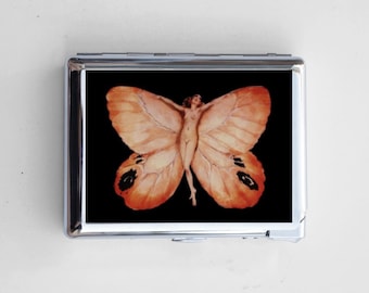 Vintage Compact Cigarette Case with Built-In Lighter – Chrome Metal, Epoxy Design on Back, Fits Up to 50mm Mini/Short Cigarettes