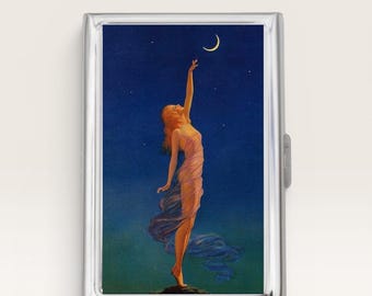 Reaching for the Moon Cigarette Case OR Card Holder - Business Card Holder, Custom Gifts, Luna, Crescent moon, Art Nouveau, Blue Sky