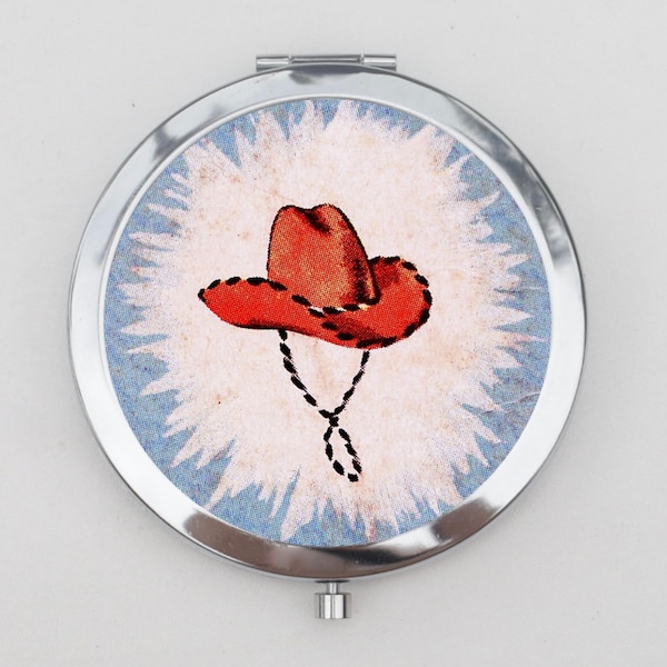 Cowboy Hat Compact Mirror OR Pill Box - Little Cowboy Hat, Howdy, Old School, Wild West, Retro Art, Small Mirror, Pill Holder, Pocket Mirror