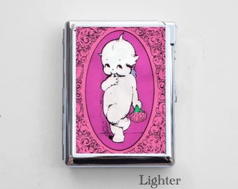 Vintage Compact Cigarette Case with Built-In Lighter – Chrome Metal, Epoxy Design on Back, Fits Up to 50mm Mini/Short Cigarettes