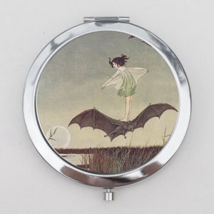 Girl Riding Bat Compact Mirror OR Pill Case - Fairytale, Fantasy, Small Mirror, Gift, Pocket Mirror, Metal Pill Case, Travel Size Case