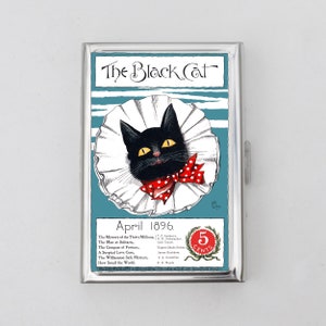 黒猫のシガレットケースまたはカードホルダー - 1986 年 4 月、アメリカのポスター、ビンテージ雑誌の表紙、猫のポートレート、カードウォレット、金属ケース