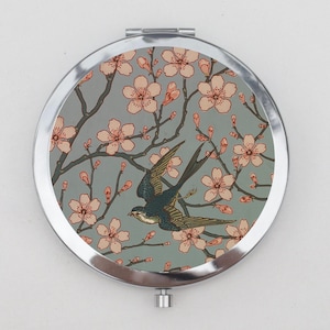 Sparrow and Cherry Blossoms Compact Mirror OR Pill Box - Gift, Flower Case, Floral Wallpaper, Trinket Box, Pill Holder, Small Pill Case