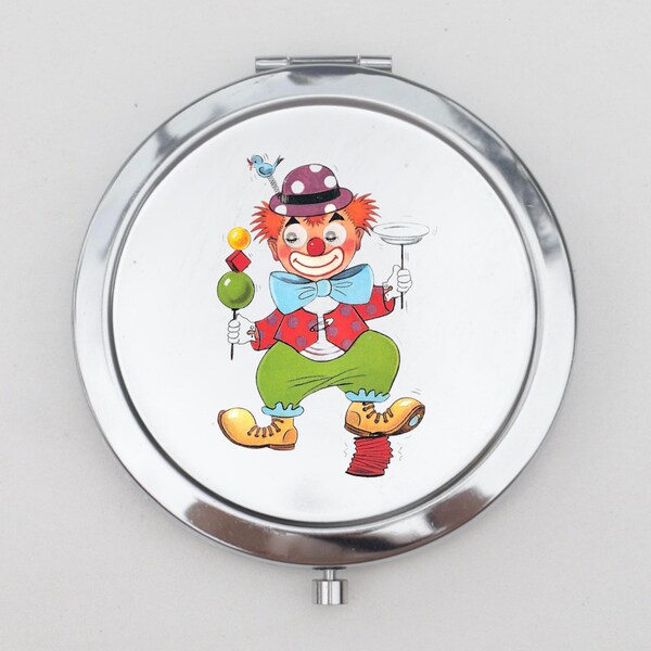 Clown Compact Mirror OR Pill Box  - Retro, For Kids, Clown Collector, Keepsake Box, Double Sided Mirror, Small Mirror, Pocket Mirror