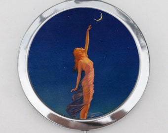 Reaching for the Moon Compact Mirror OR Pill Case - Edward Eggleston,Moon Art, Woman Art, Crescent Moon, Pill Box for Purse, Make Up Mirror