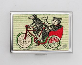 Mouse and Cat in Carriage Cigarette Case OR Card Holder - Matchbox Artwork, Small Travel Size Wallet, Card Holder, Card Case, PreRolled