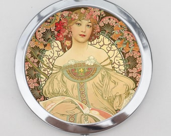 Mucha Compact Mirror OR Pill Box - Alphonse Mucha Art Nouveau, Victorian, Graphic,Compact, Keepsake, Pocket Mirror, Trinket Box