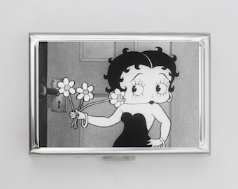 Black and White Bettie Cigarette Case OR Card Holder - Boop, Girl Gift, Birthday Gift, Vintage Illustration, Card Holder, Money Case, Cats