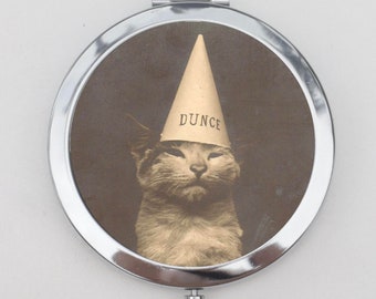 Dunce Cat Compact Mirror OR Pill Box - Vintage Images, Cat Lovers, Cat Enthusiast, Circus, Small Mirror, Pocket Mirror, Make Up Mirror