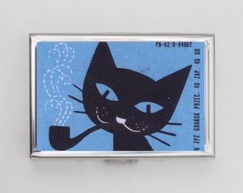 Cat Smoking Cigarette Case OR Card Holder - Vintage Postage Stamp, Cat and Pipe, Card Holder, Money Wallet, Small Gift, Gift for Cat Lover