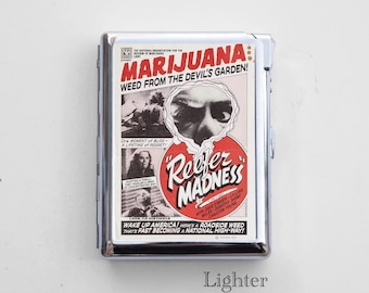 Reefer Compact Cigarette Case with Built-In Lighter – Chrome Metal, Epoxy Design on Back, Fits Up to 50mm Mini/Short Cigarettes