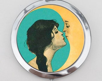 Moon Kiss Compact Mirror OR Pill Box - Romance, For Her, Girlfriend Gift, Gift Ideas, Small Gifts, Small Mirror, Trinket, Keepsake Box