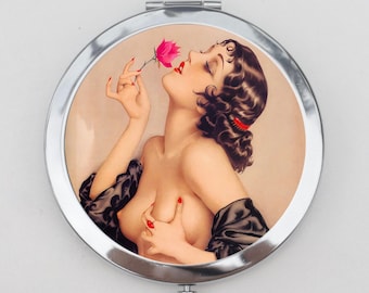 Olive Flapper Girl Compact Mirror OR Pill Case - Rose Flapper Woman, Vargas, 1920s, Roses, Trinket, Keepsake Box, Stash, Pocket Mirror,