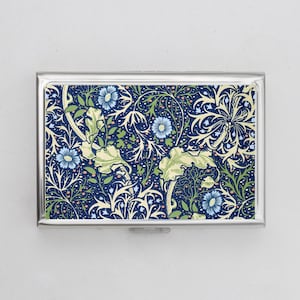 Jugendstil Zigaretten Etui, Kartenhalter - Blumen Print, William Morris, Vintage Tapete, Blau, Zigaretten Etui, Visitenkarte, Ausweishalter