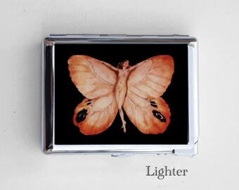 Art Nouveau Compact Cigarette Case with Built-In Lighter – Chrome Metal, Epoxy Design on Back, Fits Up to 50mm Mini/Short Cigarettes