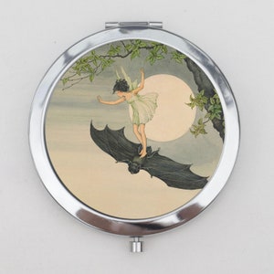 Girl Riding Bat Compact Mirror OR Pill Box - Fairytale, Fantasy, Small Mirror, Gift, Pocket Mirror, Pill Holder, Vitamin Case, Trinket Box