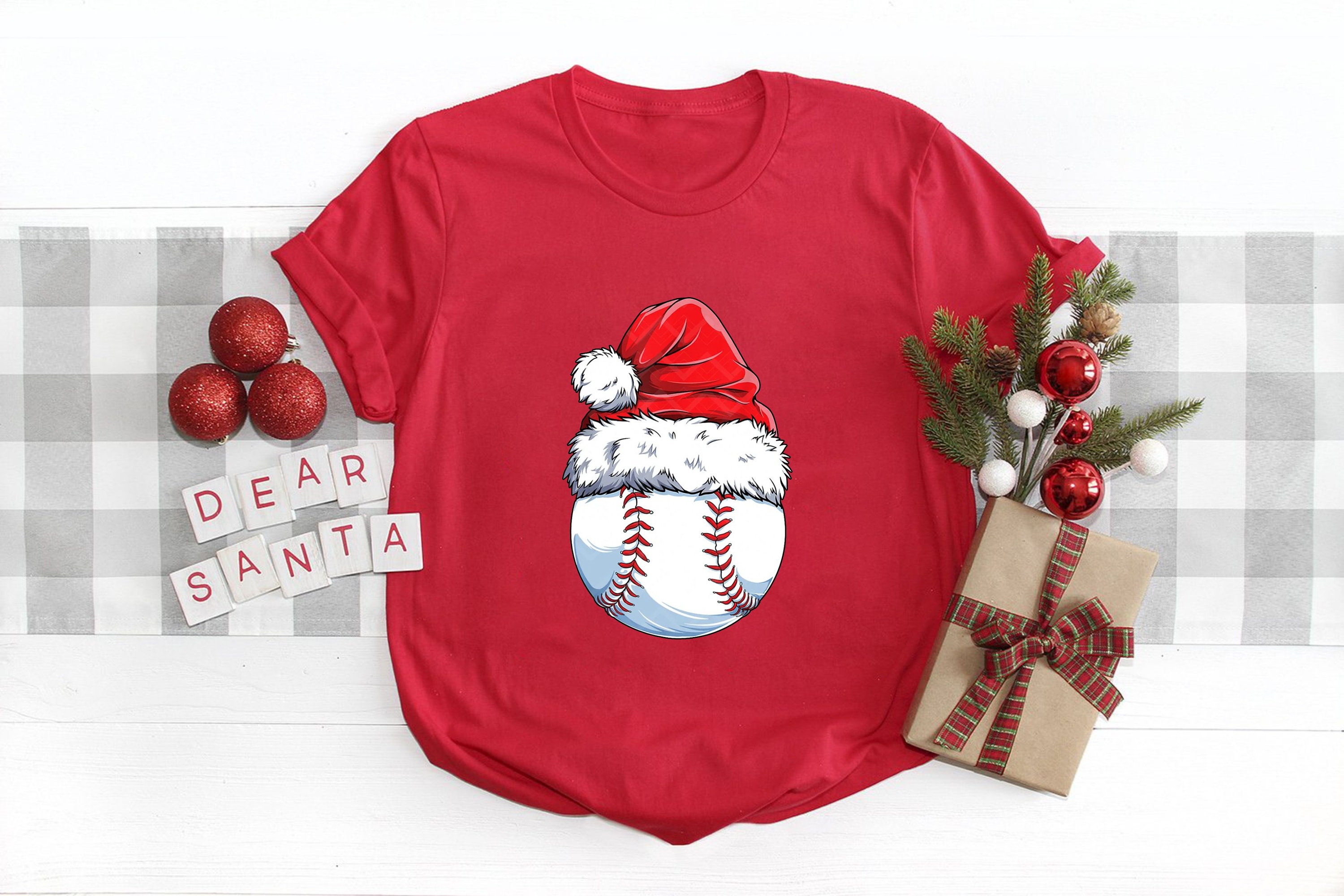 Discover Baseball Ball Santa Hat Shirt, Holiday Season Outfit, Christmas 2022, Christmas Gift, Baseball Player Xmas T Shirt, Baseball Lovers