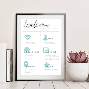 Tabliczka powitalna Airbnb, Wypożyczalnia wakacyjna VRBO do wydrukowania, Szablon edytowalny, Plakat przyjazdu gości, Zasady domu, Informacje o wymeldowaniu, Arkusz informacyjny o Wi-Fi