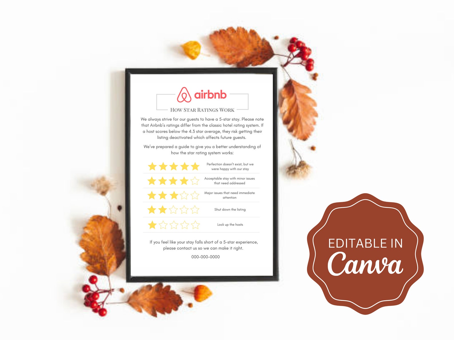 Airbnb Star Rating Explanation Printable Editable Template, 5 Star