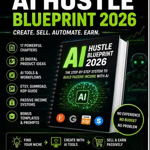 May include: A book titled "AI HUSTLE BLUEPRINT 2026" with the subtitle "The Step-by-Step System to Build Passive Income with AI." The cover features a green brain graphic and the letters "AI." The image includes text about digital product ideas and AI tools.