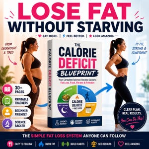 May include: A book titled The Calorie Deficit Blueprint featuring a white cover with bold black and pink text. The cover displays a circular diagram divided into nutrition, movement, consistency, and rest sections, with a central flame icon.