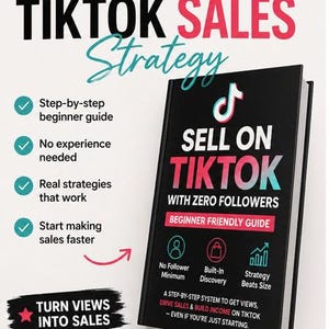 Op de afbeelding: Een zwart boek met de titel "Sell on TikTok with Zero Followers" met witte en roze tekst. Het boek is een beginnersgids voor verkopen op TikTok. De afbeelding bevat ook de tekst "Your Zero-Follower TikTok Sales Strategy".