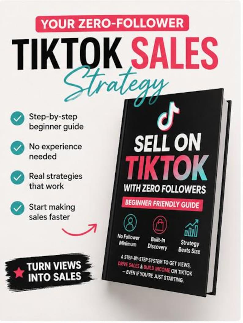 Op de afbeelding: Een zwart boek met de titel "Sell on TikTok with Zero Followers" met witte en roze tekst. Het boek is een beginnersgids voor verkopen op TikTok. De afbeelding bevat ook de tekst "Your Zero-Follower TikTok Sales Strategy".