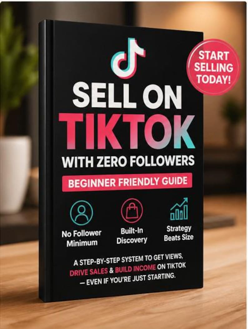 Op de afbeelding: Een zwart boek met de titel "Sell on TikTok" en het TikTok-logo. De cover heeft witte en roze tekst, waaronder "With Zero Followers" en "Beginner Friendly Guide". Een rode cirkel zegt "Start Selling Today!"