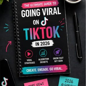 Może przedstawiać: Czarna książka w spiralnej oprawie zatytułowana "The Ultimate Guide to Going Viral on TikTok in 2026" z logo TikTok. Okładka ma różowy, niebieski i biały tekst. Na czarnej powierzchni znajdują się również filiżanka kawy, długopis i karteczki samoprzylepne.