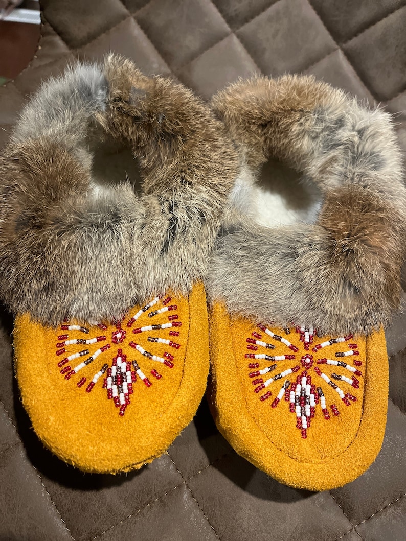 Handmade Moccasins With Real Natural Rabbit Fur Trim Hand Made in